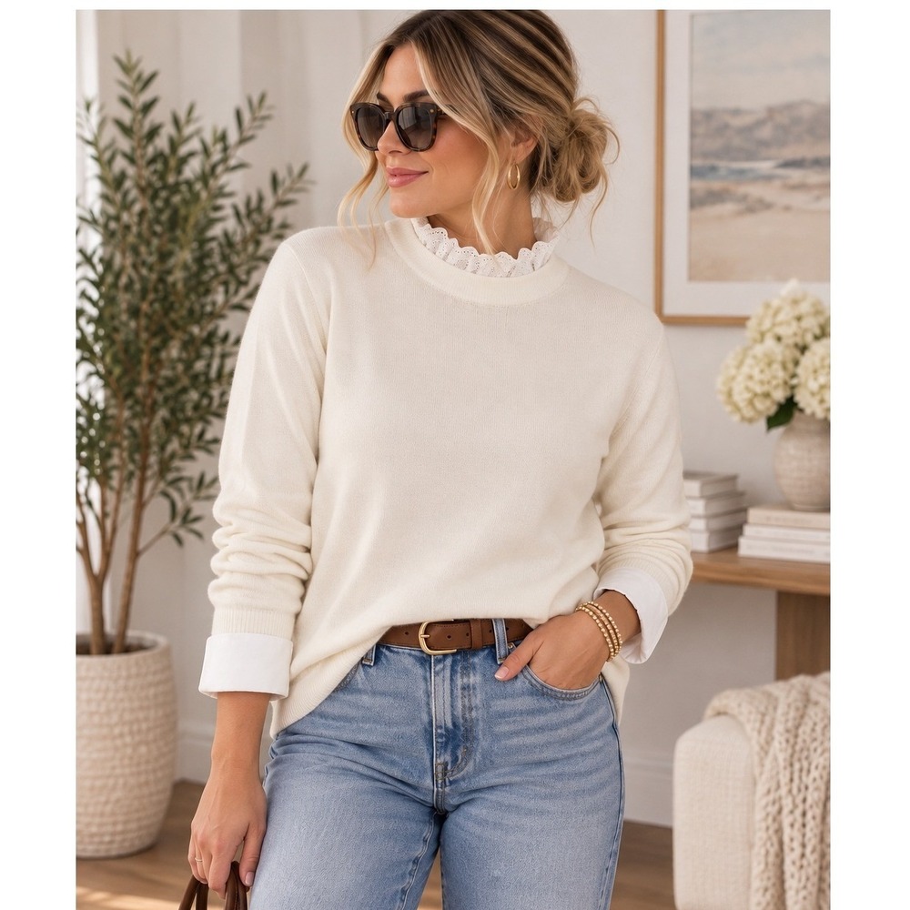 Ann Taylor Ivory Cream Layered Eyelet Lace Collar Sweater Large Knit Coquette